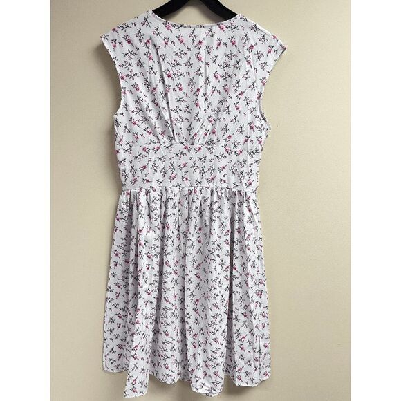 Vintage style Womens Sleeveless Button Front Shirred Dress White Floral Sz L - Picture 6 of 9